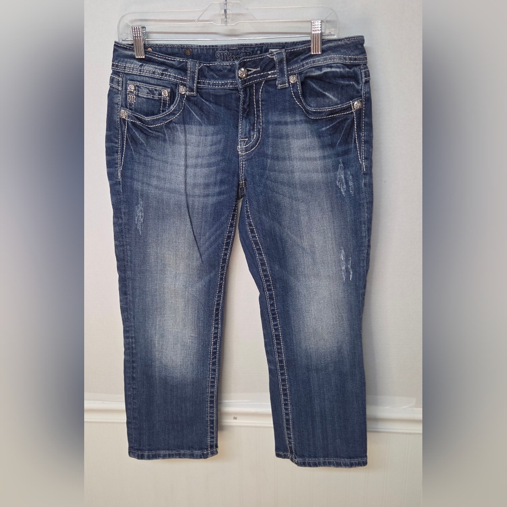 Miss Me Capri Jeans Women's Size 30 Stretch Denim Rhinestones Thick Stitch 0014